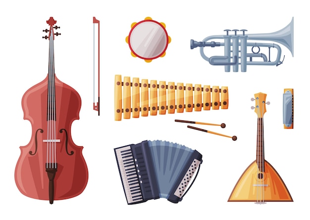 Musical instruments set cello tambourine tuba accordion violin balalaika xylophone flat style vector illustration