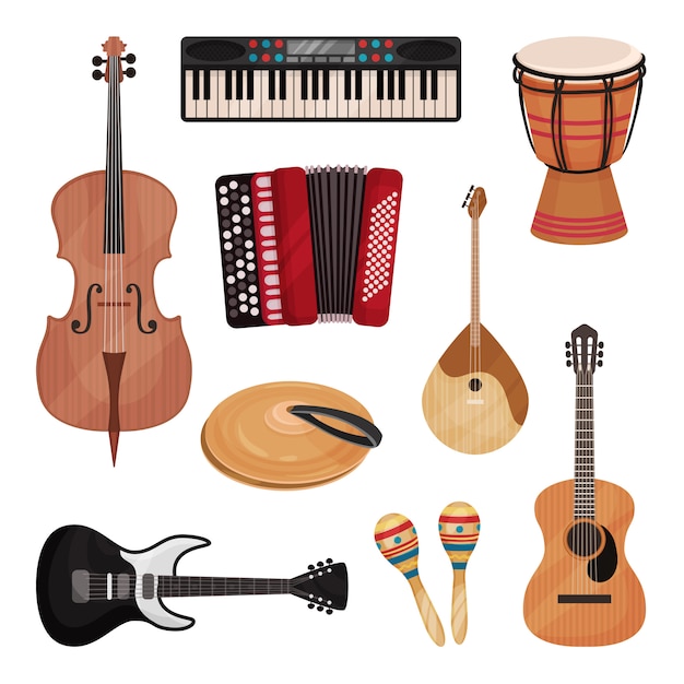Набор музыкальных инструментов, виолончель, скрипка, барабан, тарелки, домбра, маракасы, гитары, аккордеон Иллюстрация на белом фоне