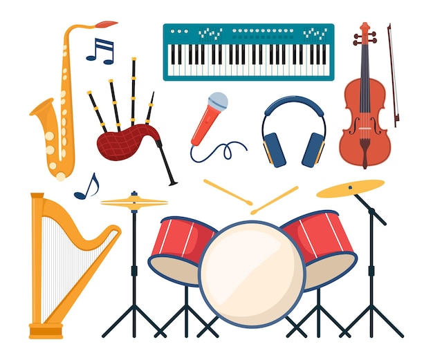 Vector musical instruments set of icons guitar synthesizer violin cello drum cymbals saxophone accordion