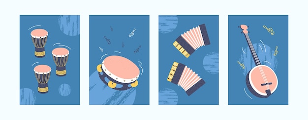 Musical instruments set in pastel colors.