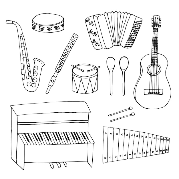 Strumenti musicali set illustrazione vettoriale disegno a mano doodle