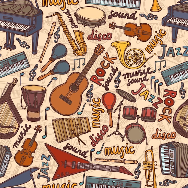 Vector musical instruments sketch seamless pattern