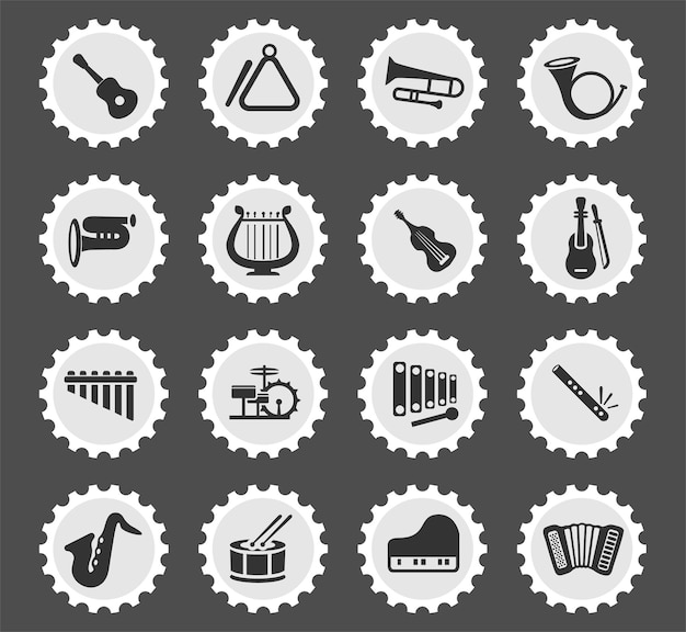 Simboli di strumenti musicali su un francobollo rotondo icone stilizzate