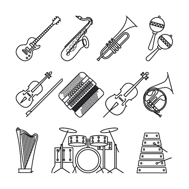 Musical instruments thin line icons