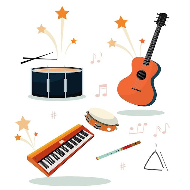 Musical instruments vector graphics Guitar keyboards drum flute tambourine triangle Stars notes On a white background