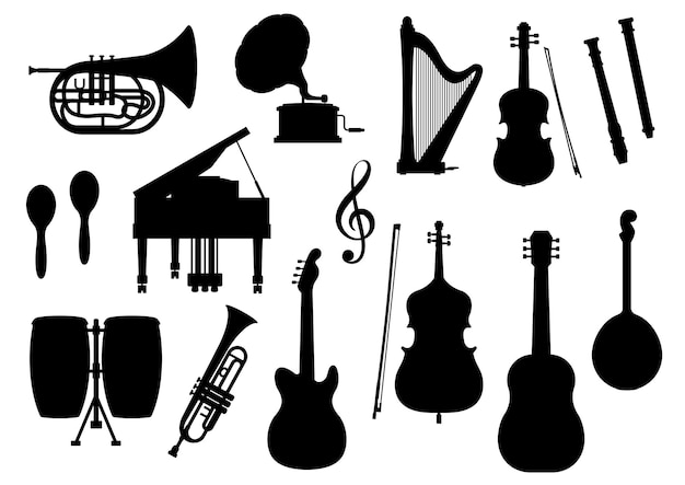 Vector musical instruments vector silhouette icons