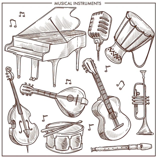 Vector musical instruments vector sketch icons collection for folk or jazz classical music