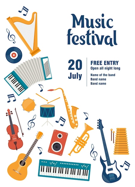 musical instruments and vinyl record music festival invitation guitar synthesizer violin cello drum cymbals saxophone accordion tambourine trumpet harp loudspeaker vector illustration