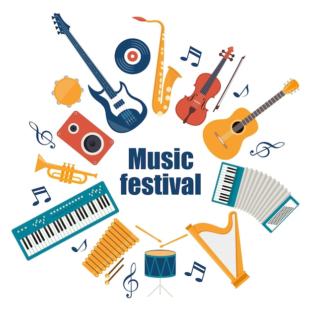 musical instruments and vinyl record music festival invitation guitar synthesizer violin cello drum cymbals saxophone accordion tambourine trumpet harp loudspeaker vector illustration