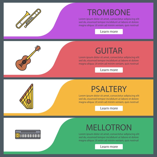 Musical instruments web banner templates set. Website color menu items. Vector headers design concepts