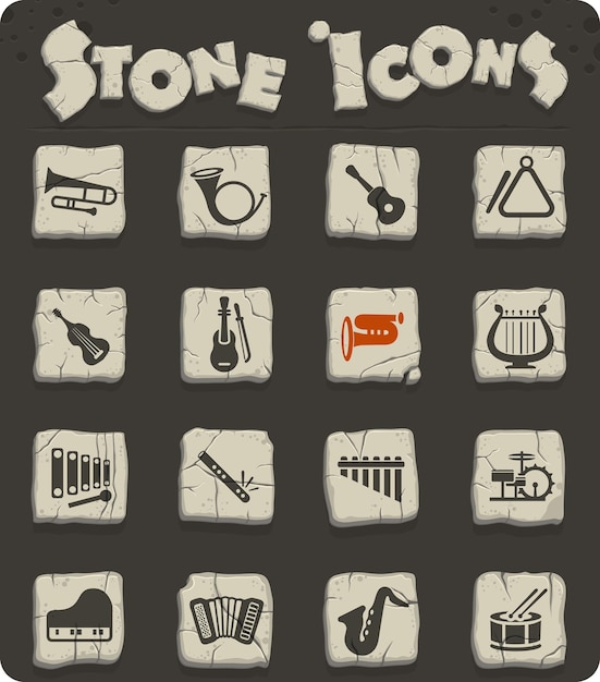 Icone web di strumenti musicali su blocchi di pietra nello stile dell'età della pietra