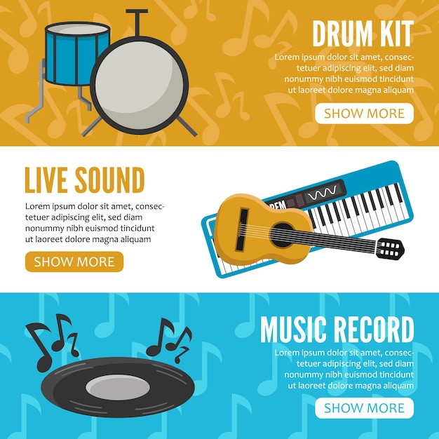 Musical instuments horizontal banersvector template with music itemsvector シンプルなフラット イラスト