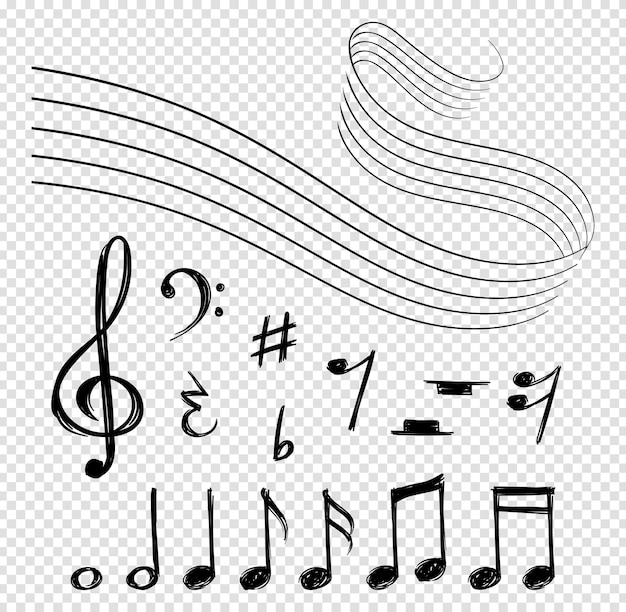 Vector musical notes. black music lines, melody elements and staves. shape artistic clef and abstract sound vector symbols isolated