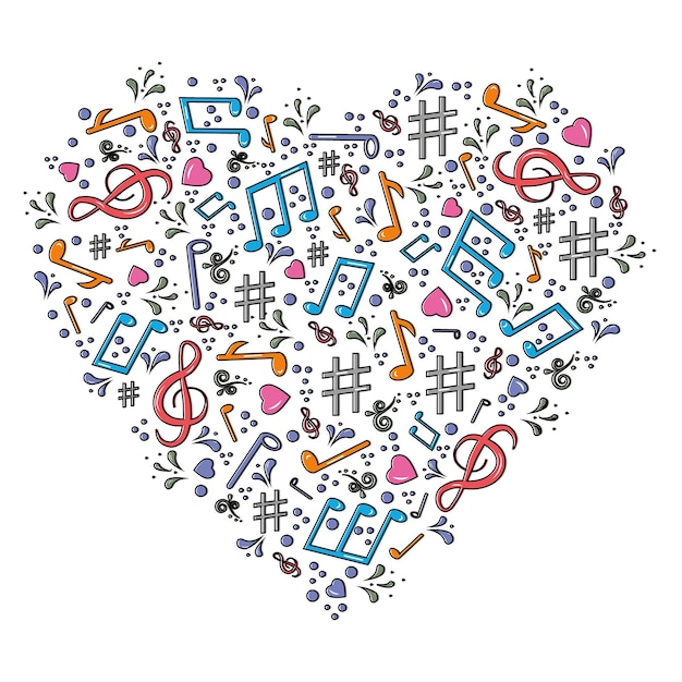 Musical notes in the form of a heart icon love music hand drawn vector illustration sketch