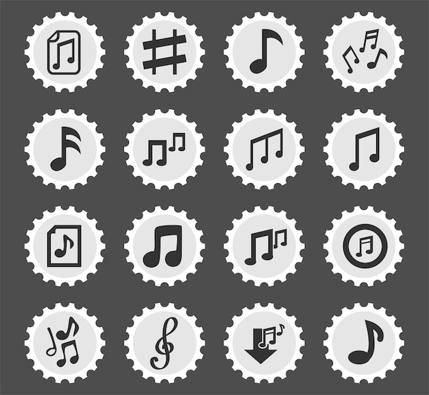 Символы музыкальных нот на круглых почтовых марках, стилизованных под иконы