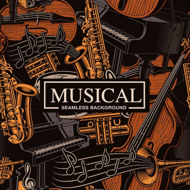 Musical seamless background with different musical instruments, jazz art. colors, are on the separate groups.