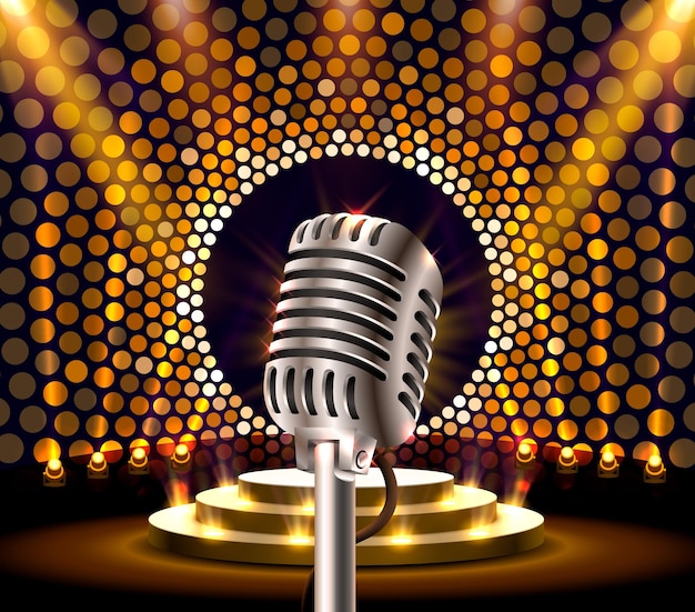 The musical show, microphone on the golden scene. vector illustration