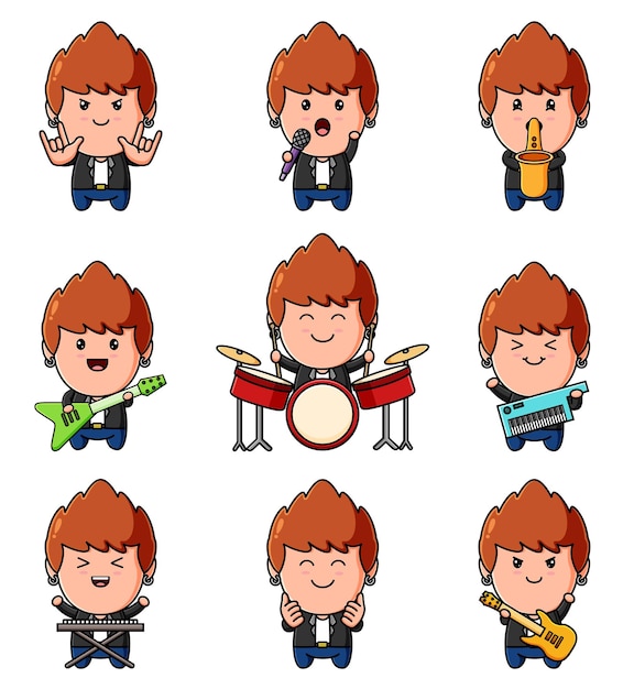 The musician boy is playing the music tool the mascot bundle set