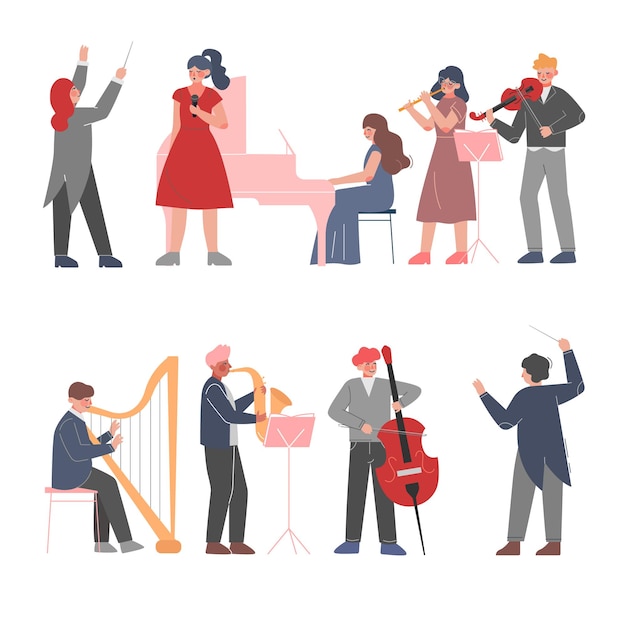 Vector musician characters playing musical instruments set playing violin classical instrumental symphony