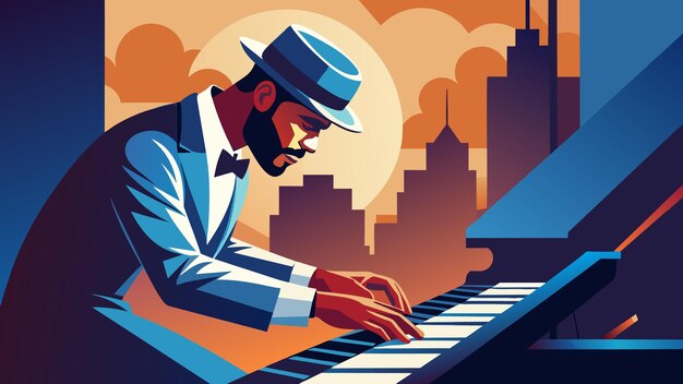 Vector a musician hunched over their instrument lost in the beauty of the music they are creating as their