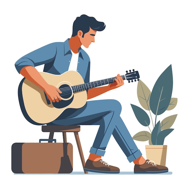 Musician man playing guitar acoustic vector illustration male guitarist performing music