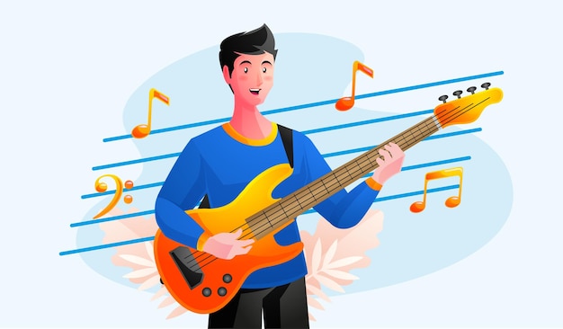 musician playing bass guitar with musical notes