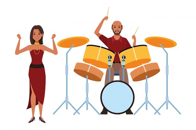 Vector musician playing drums and dancing