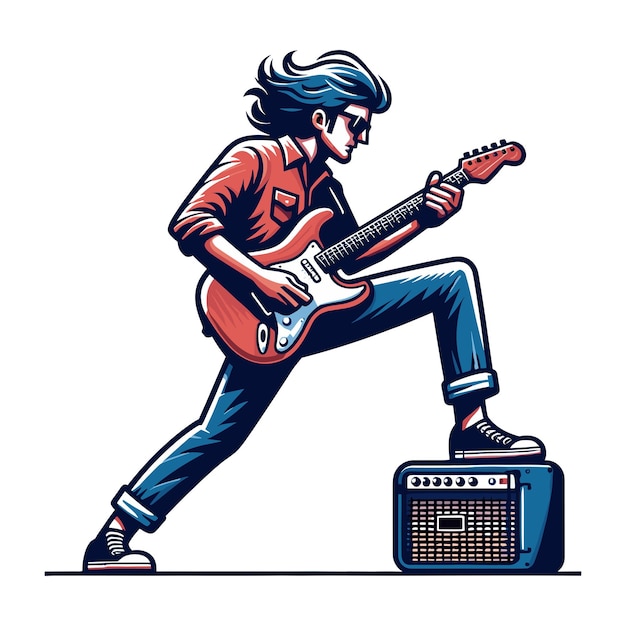 Musicista che suona l'illustrazione vettoriale di disegno del chitarrista rockstar della chitarra elettrica