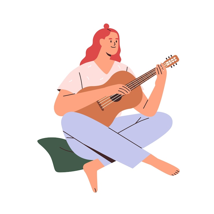 Vector musician playing guitar happy young woman guitarist with musical acoustic instrument modern creative relaxed music player talented person flat vector illustration isolated on white background