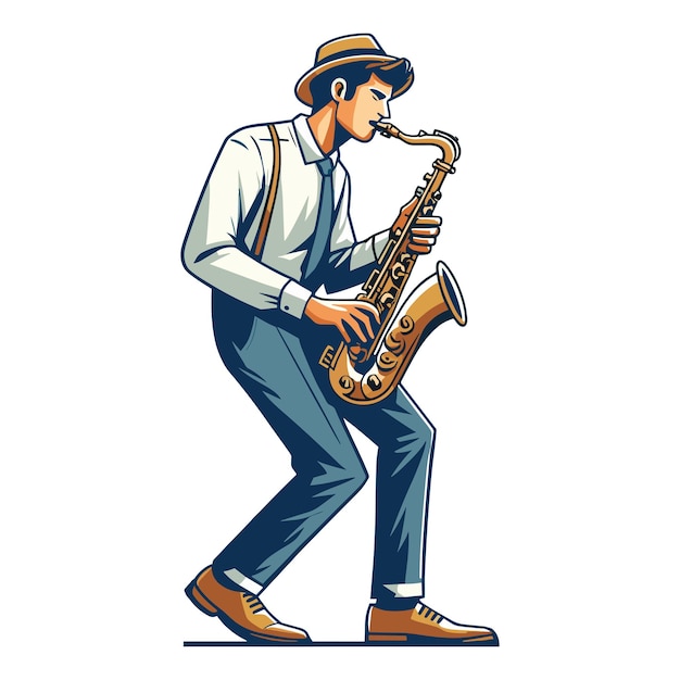 Музыкант, играющий на саксофоне, исполняющий соло, держащий в руках саксофонный инструмент