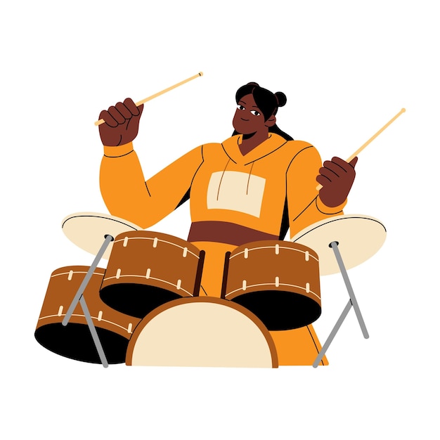 Vector musician with drumsticks perform on drum kit drummer make beat rhythm young woman study to play on percussion instrument on music lesson flat isolated vector illustration on white background