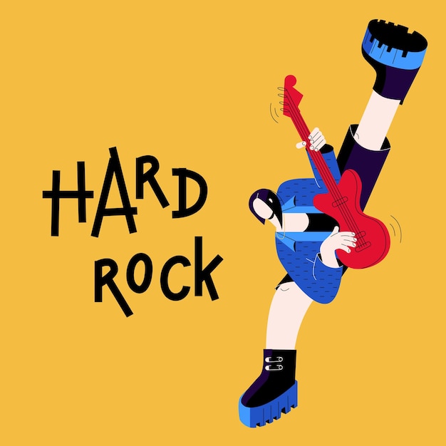 A musician with a guitar. Punk in shorts. Lettering Hard Rock. Anarchy and rock and roll