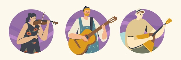 Musicians Characters with Stringed Instruments Perform on Stage with Violin, Guitar and Balalaika. Music Concert, Performance on Philharmonic Scene, Ensemble. Cartoon People Vector Illustration, Icons