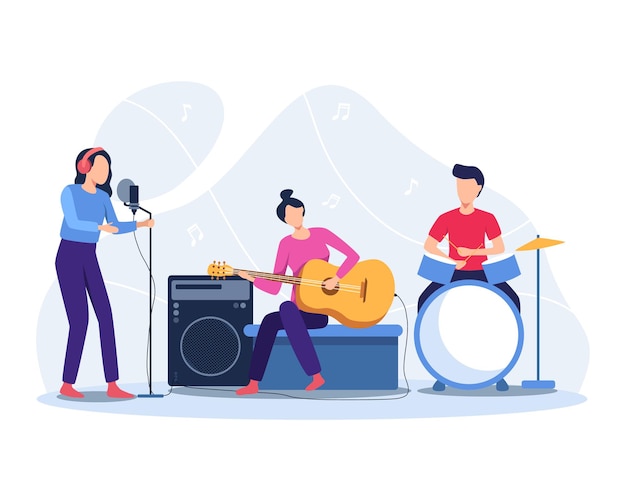 Musicians play musical instruments. band concert illustration.   illustration in a flat style
