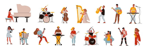 Musicians set with isolated human characters of doodle musicians playing different musical instruments on blank background vector illustration