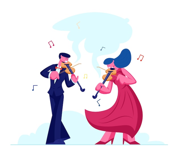 Musicians with instruments perform on stage with violins, symphony orchestra classical music concert, cartoon flat illustration