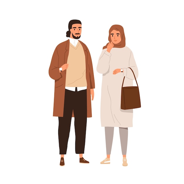 Vector muslim arab man and woman in modern outfits. saudi arabian couple portrait of female in hijab and sneakers and male in casual clothes. colored flat vector illustration isolated on white background