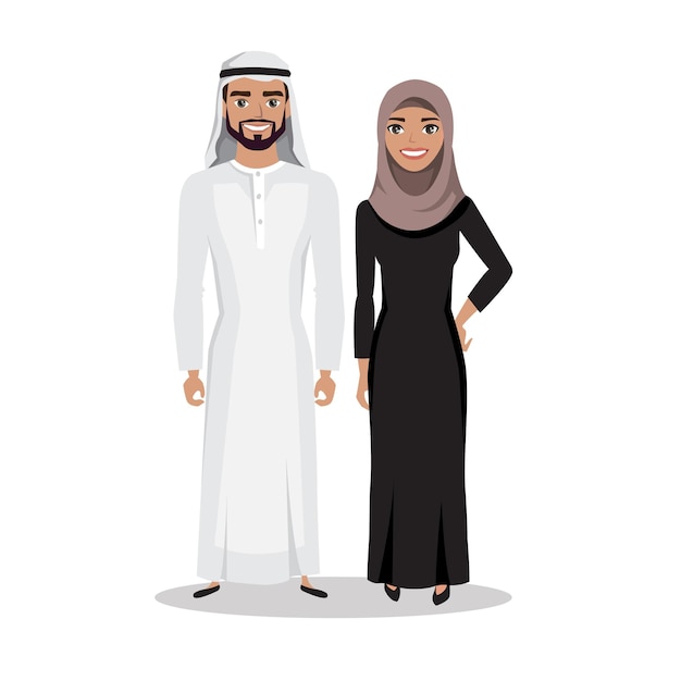 Muslim arab man and woman standing together in traditional islamic clothes in flat style