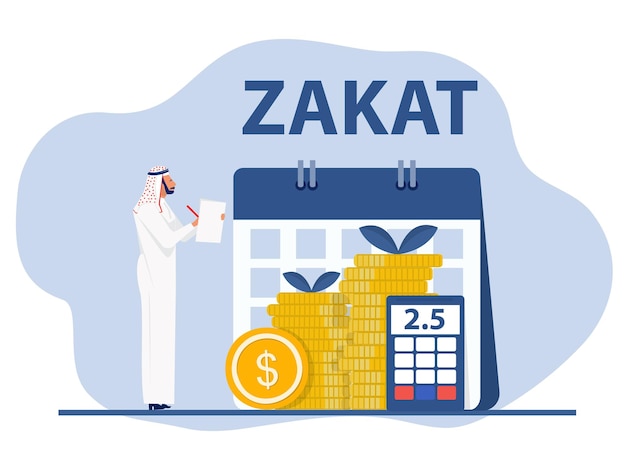 Vector muslim arab pay zakat from profit on ramadan kareem flat vector illustrator