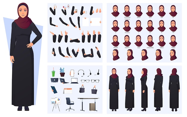 Muslim Arabic Woman Character Creation Pack with Woman wearing Black robe and red Hijab Arabic woman mouth animation body parts Hand Gestures and Office Items