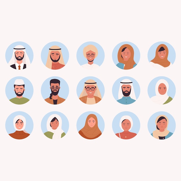 ベクトル イスラム教のアバター アラビア語の男性と女性のキャラクター イラスト