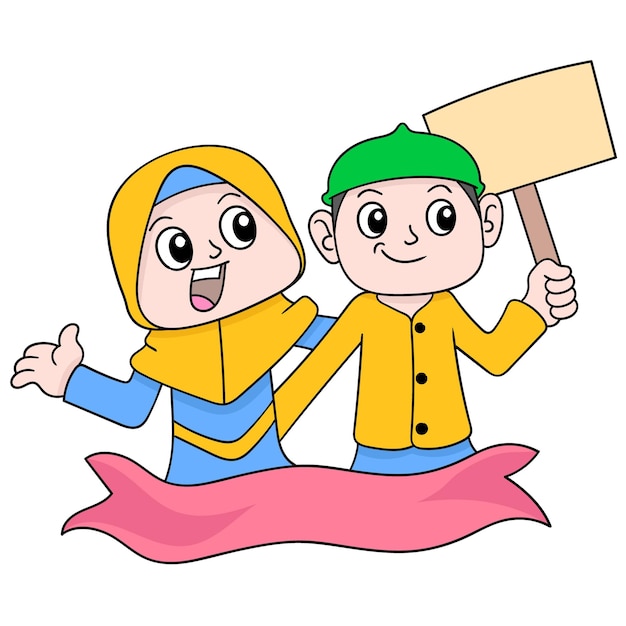 Мусульманские мальчик и девочка с воздушными шарами для празднования ид мубарак, векторные иллюстрации. каракули изображение значка каваи.