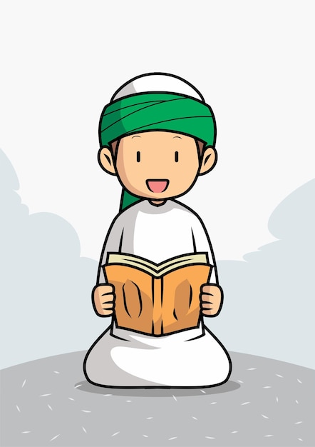 Vector muslim boy cartoon illustration reading the quran