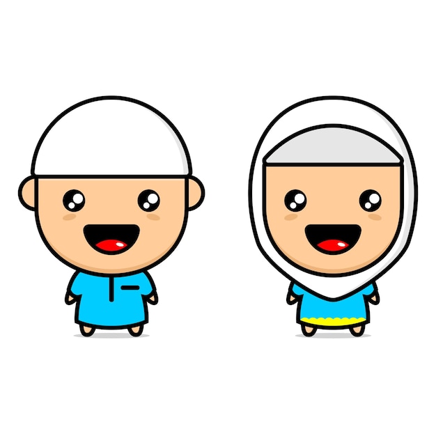 Muslim boy and girl cartoon character vector illustration