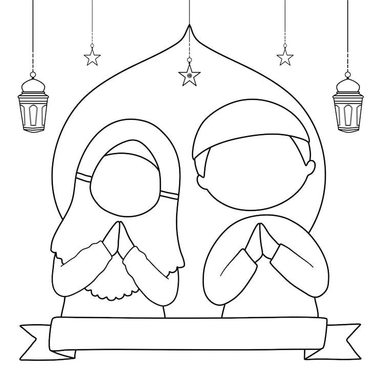Vector 라마단 무바라크 손을 색칠하기 위해 그린 이슬람 소년과 소녀
