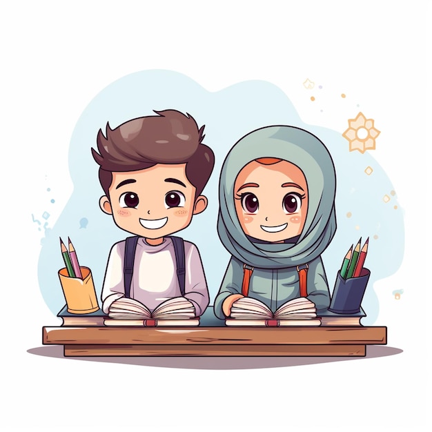 muslim boy and girl with hijab are reading together in the class