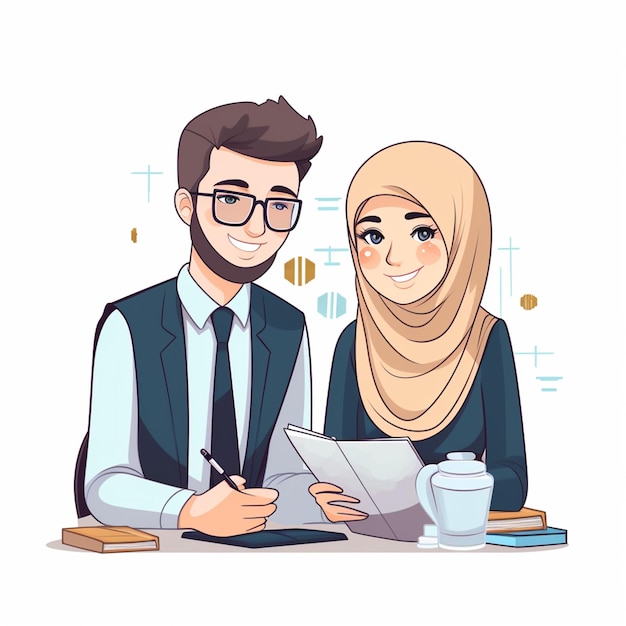 Мусульманский мальчик и девушка в хиджабе работают бухгалтерами.