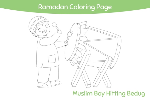 벡터 무슬림 소년이 베두그를 때리는 아이들을 위한 색채 페이지 터 인쇄 가능한 라마단 색칠 페이지 템플릿