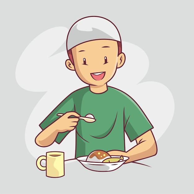 Vector muslim boy is eating rice for breakfast.