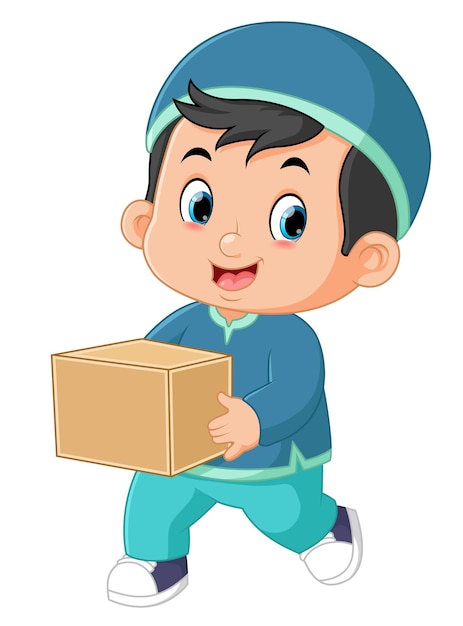 A Muslim boy running and carrying a big gift box